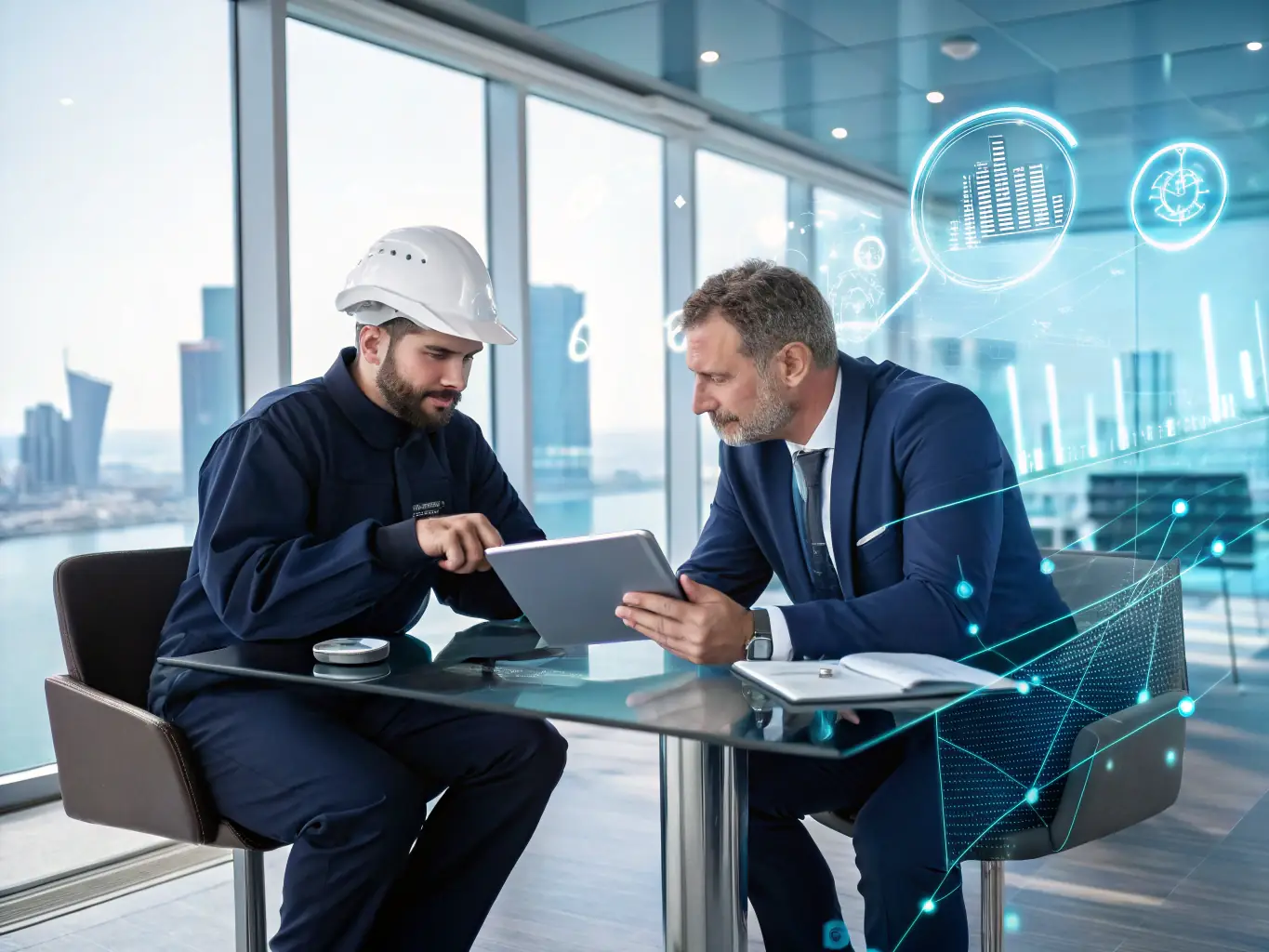 An image of maritime brokers collaborating over a digital tablet, showcasing efficient deal-making and contract negotiations.