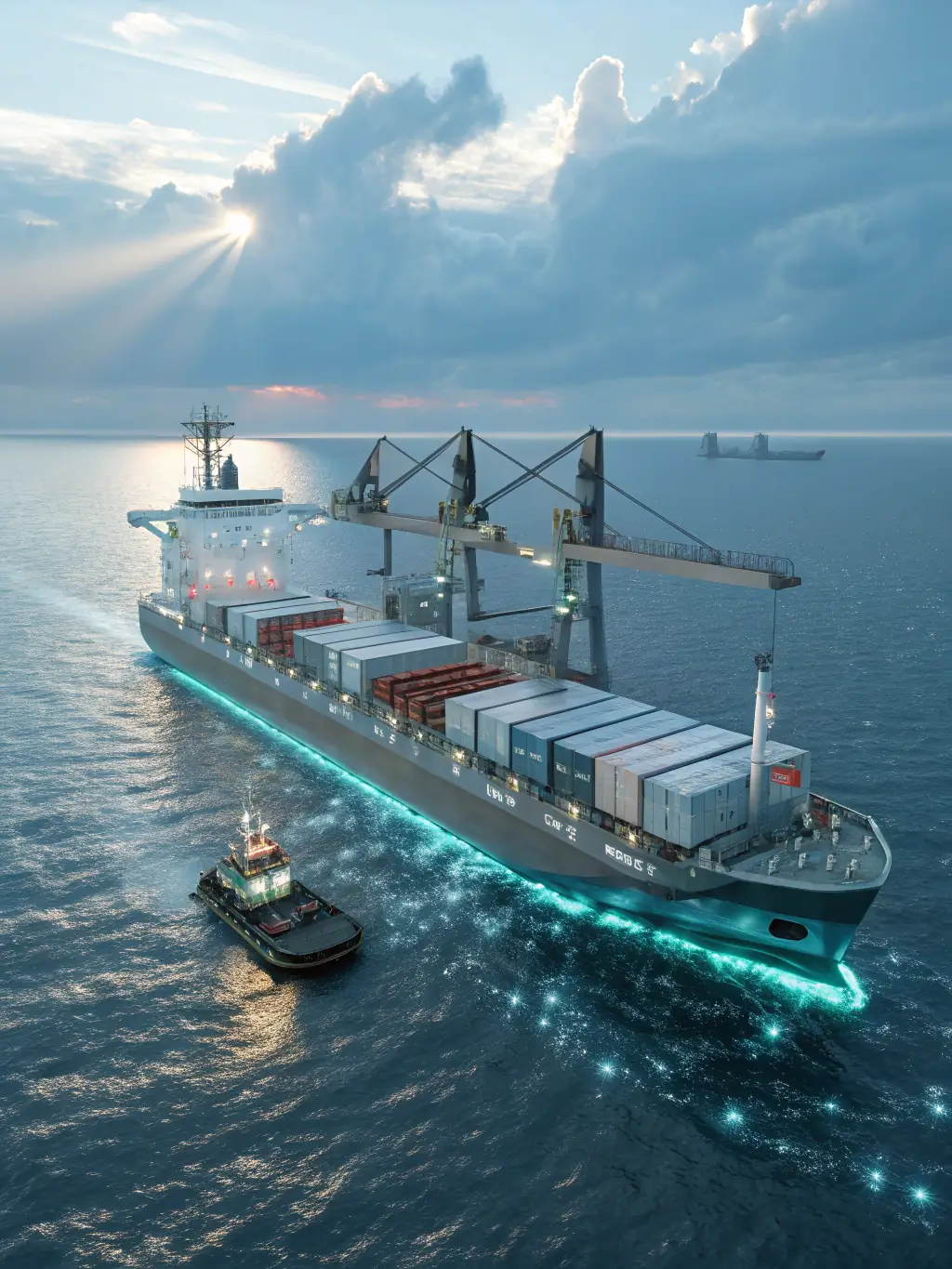 A digital illustration showing a cargo ship alongside a digital interface matching cargo loads with vessels, symbolizing ShipSyn's Cargo–Ship Matching service.