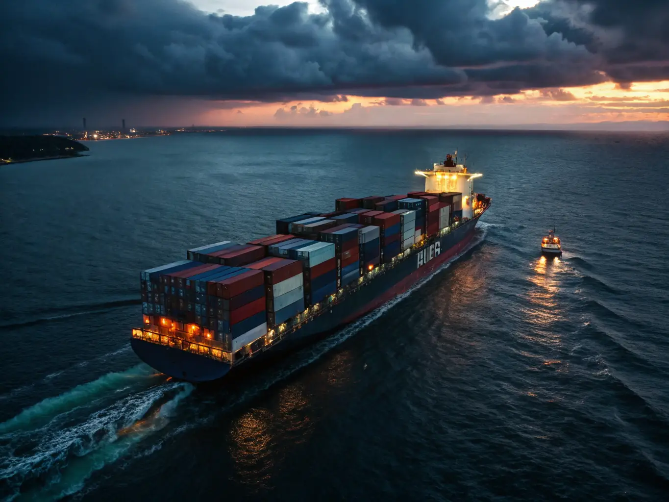 A digital illustration showing a cargo ship efficiently managed through a digital interface, highlighting optimized routes and schedules.