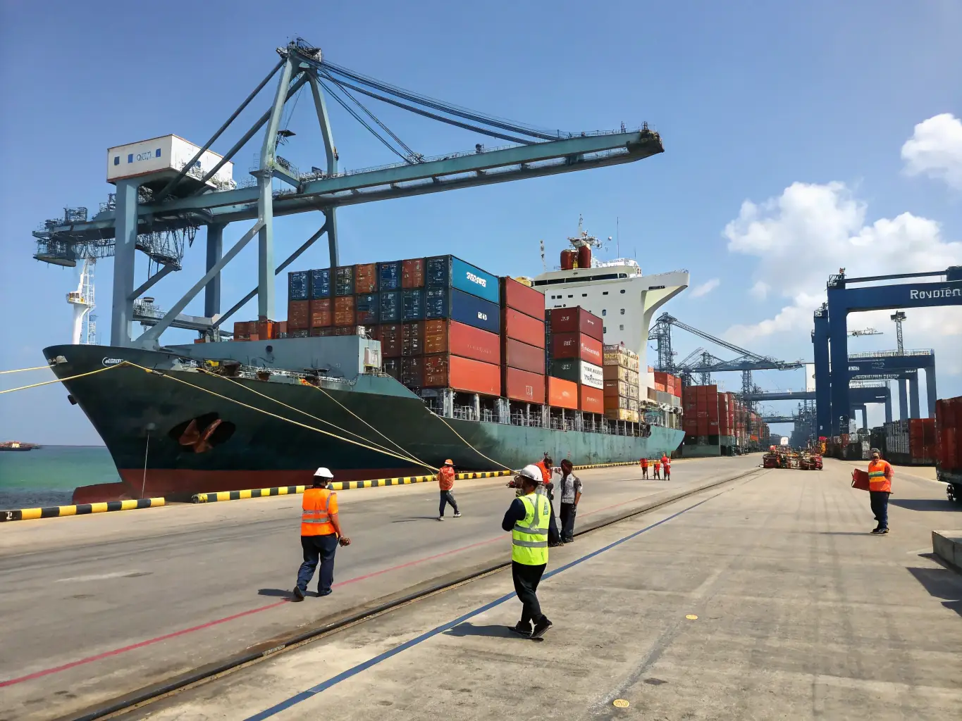 A digital illustration depicting a cargo ship being loaded with containers at a bustling port, symbolizing ShipSyn's cargo-ship matching service.