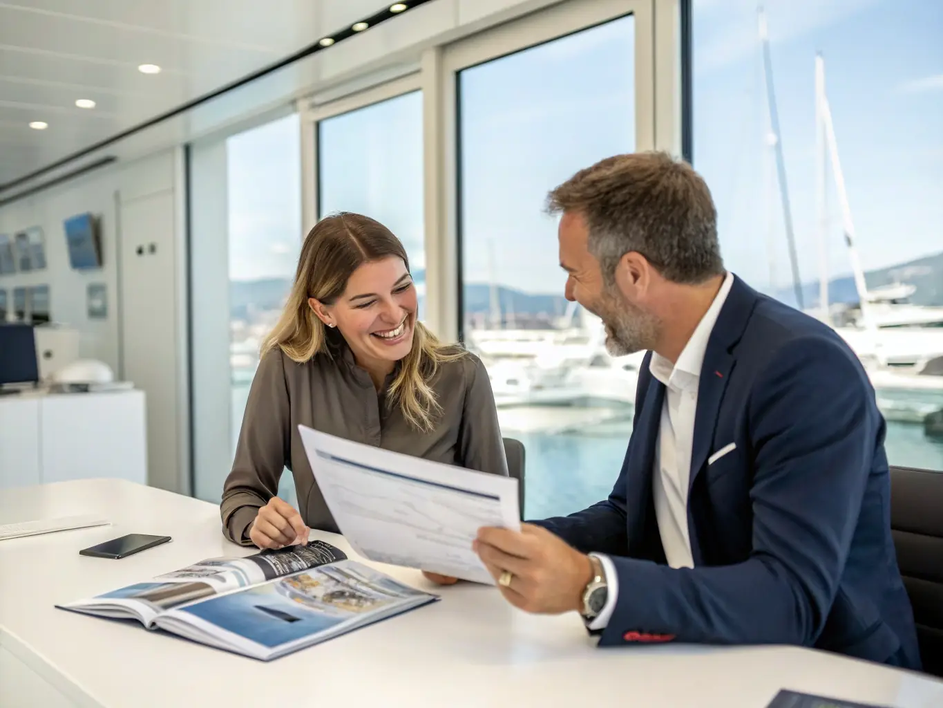 A professional photo of maritime brokers in a modern office, discussing shipping contracts and negotiations, representing ShipSyn's brokerage support service.